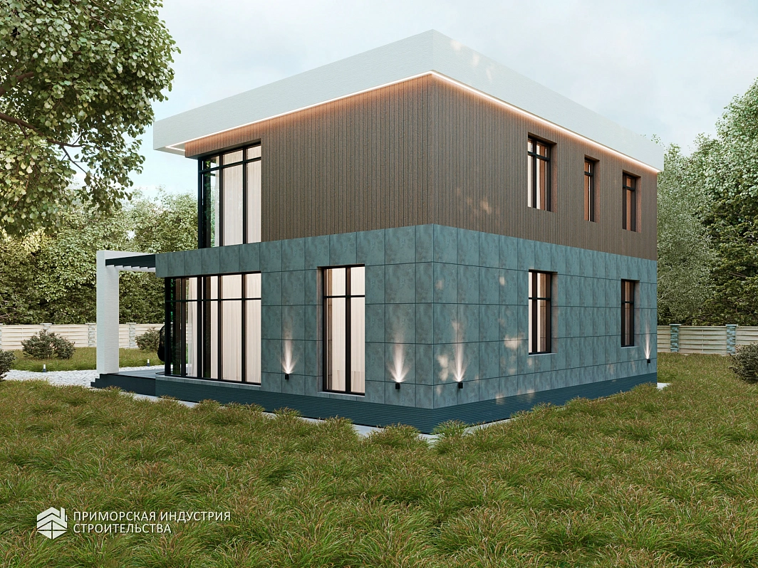 Проект современного дома 200 м² из газобетона с комбинированным фасадом