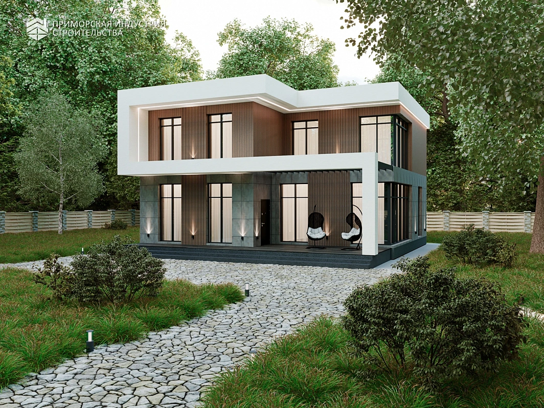 Проект современного дома 200 м² из газобетона с комбинированным фасадом