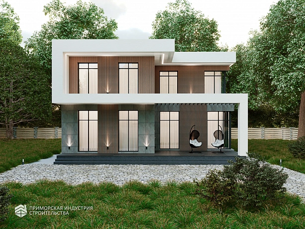 Проект современного дома 200 м² из газобетона с комбинированным фасадом